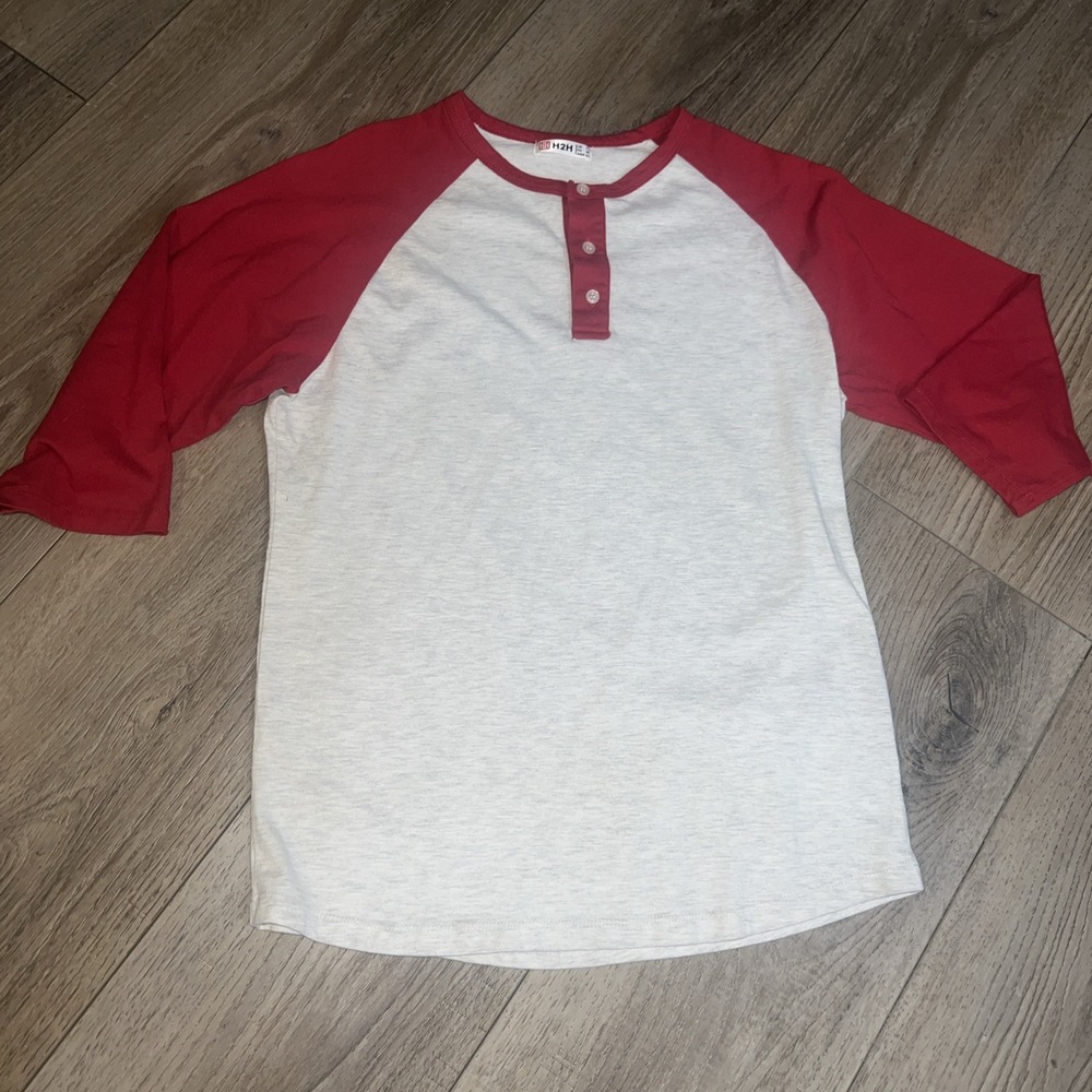 H2H Mens Casual RED/WHITE Slim Fit T-Shirt Henley Raglan 3/4 Sleeve Jersey LARGE